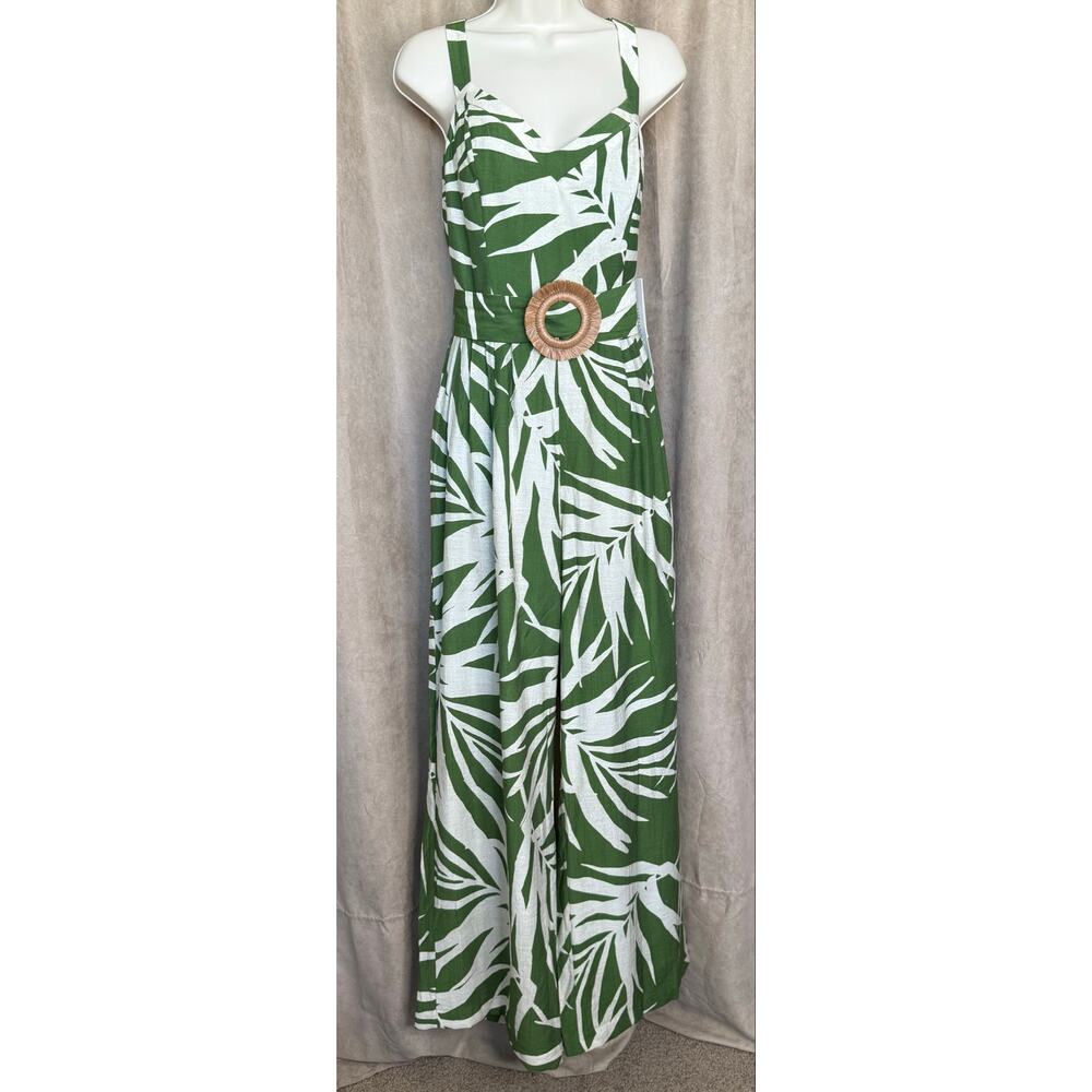 Adrianna Papell Green Ivory Palm Print Wide Leg Jumpsuit 12 NWT - Picture 8 of 16